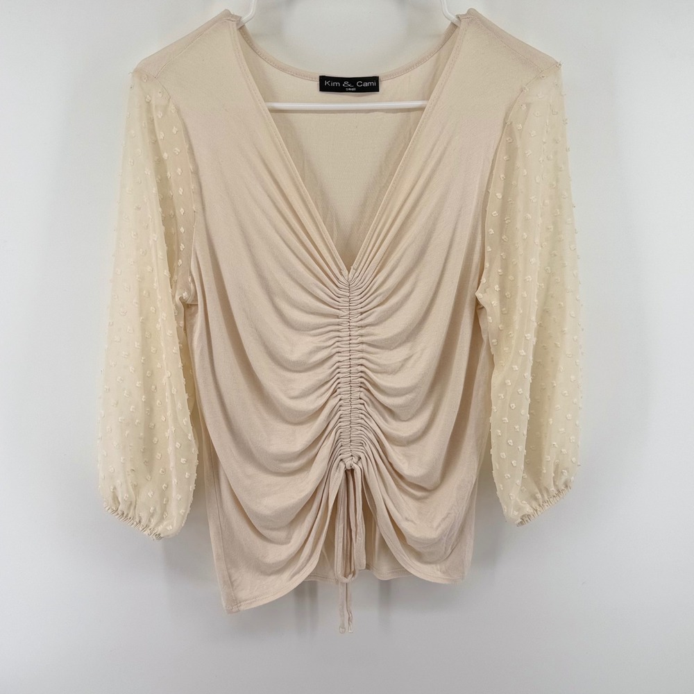 Kim &‎ Cami Womens Ruched Blouse Small Cream Swiss Dot Sheer Sleeve Stretch Boho